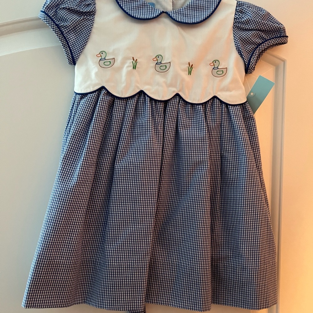 White and Blue Pleated Dress with Peter Pan Collar